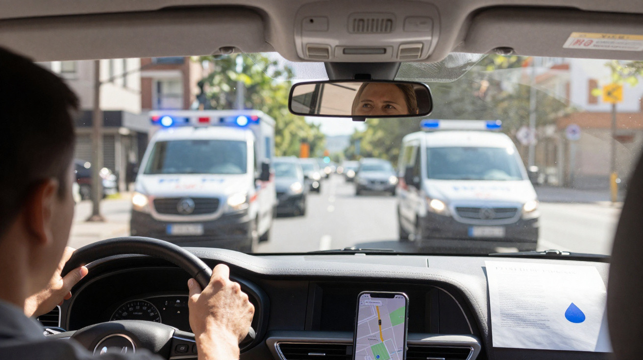 Motorista observa duas ambulâncias com sirenes ligadas se aproximando em rua movimentada.
