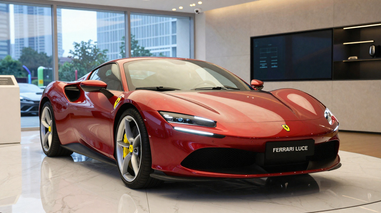 Carro esportivo Ferrari vermelho brilhante em exposição interna com rodas prateadas e detalhes em amarelo.