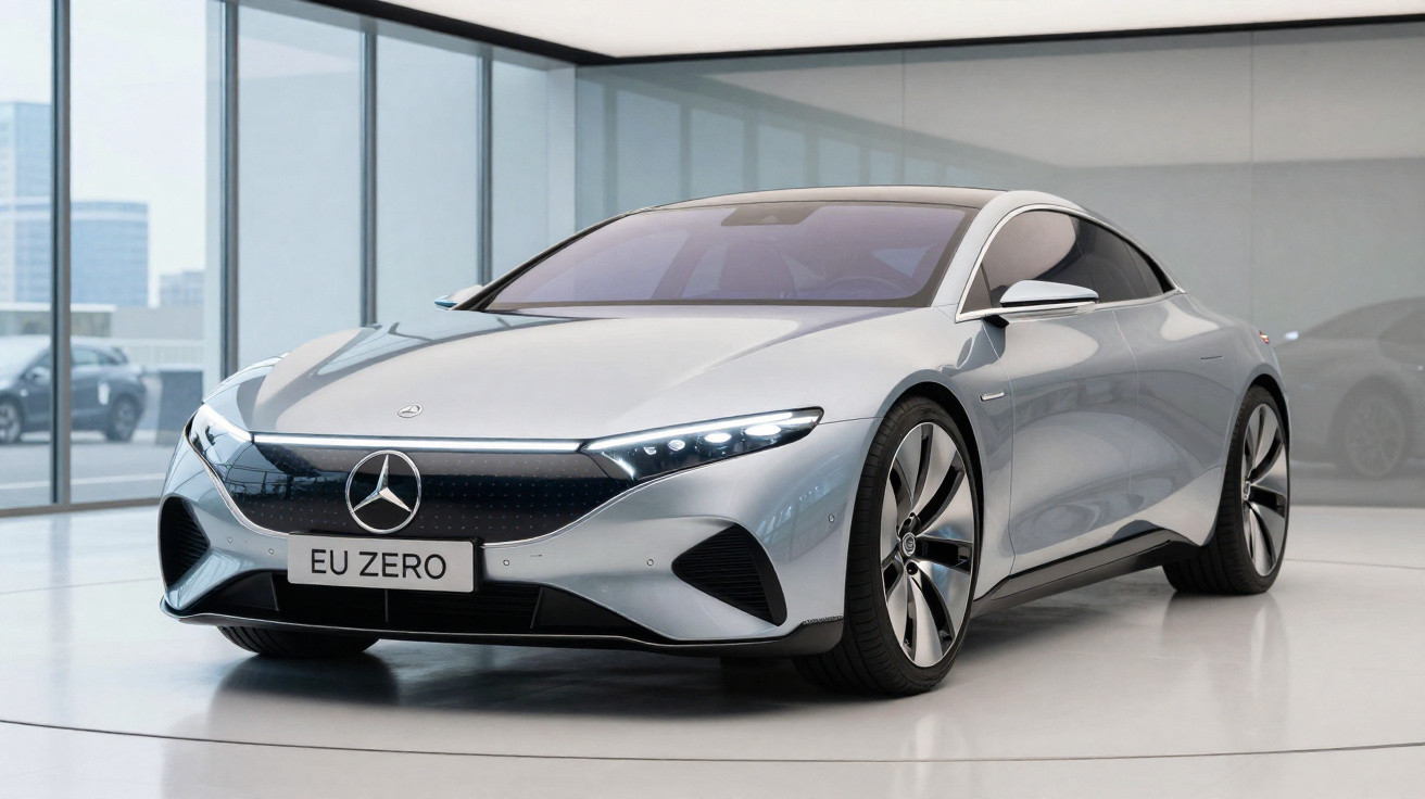 Carro elétrico Mercedes-Benz prata com design futurista em exposição interna com placas "EU ZERO".