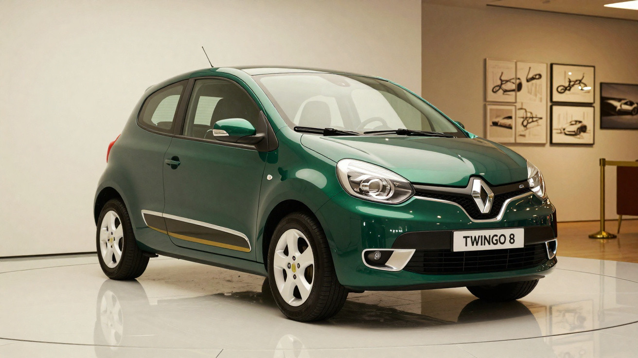 Carro verde Renault Twingo 8 exposto em plataforma giratória em ambiente interno moderno.