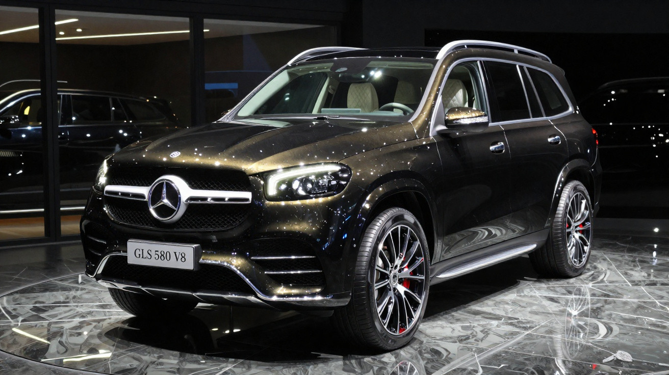 SUV preto Mercedes-Benz GLS 580 V8 exibido em ambiente interno com piso marmorizado.