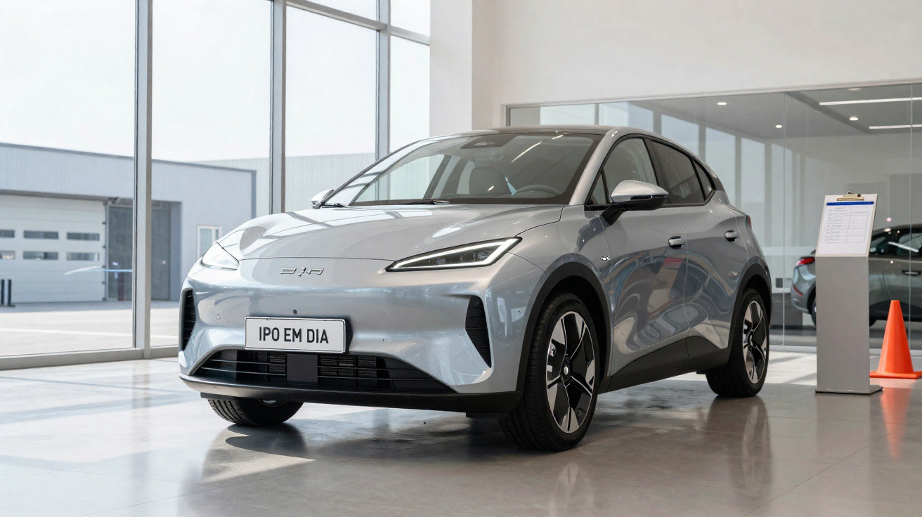 Carro elétrico cinza estacionado em showroom moderno com vidro e piso refletivo branco.