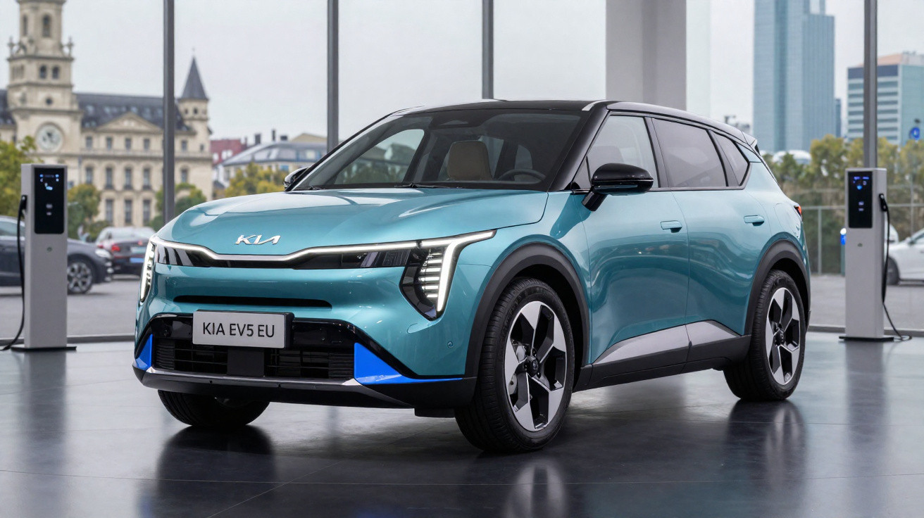 Carro elétrico Kia EV5 EU azul exibido em showroom moderno com estações de recarga ao fundo.