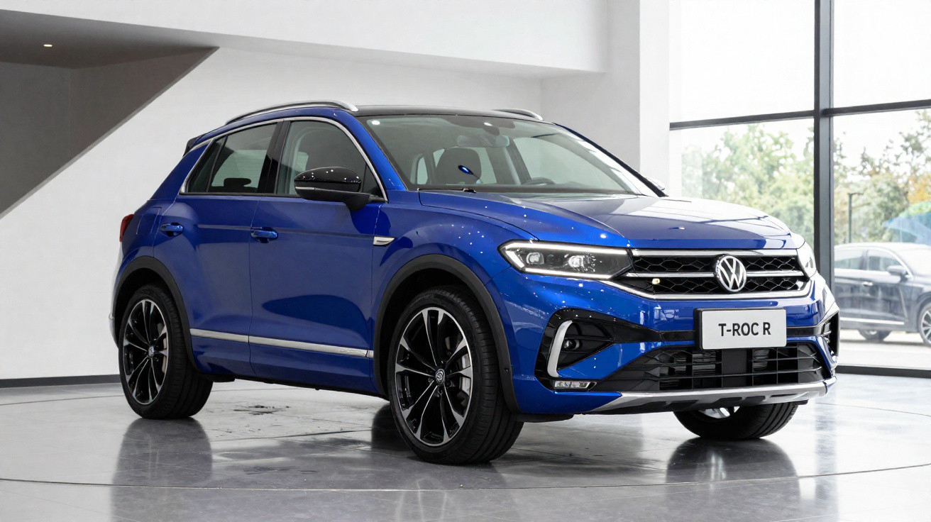 Carro Volkswagen T-Roc R azul estacionado em showroom com piso cinza e parede branca.