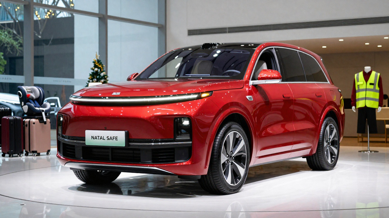 Carro SUV elétrico vermelho modelo Natal Safe em exposição dentro de showroom moderno.