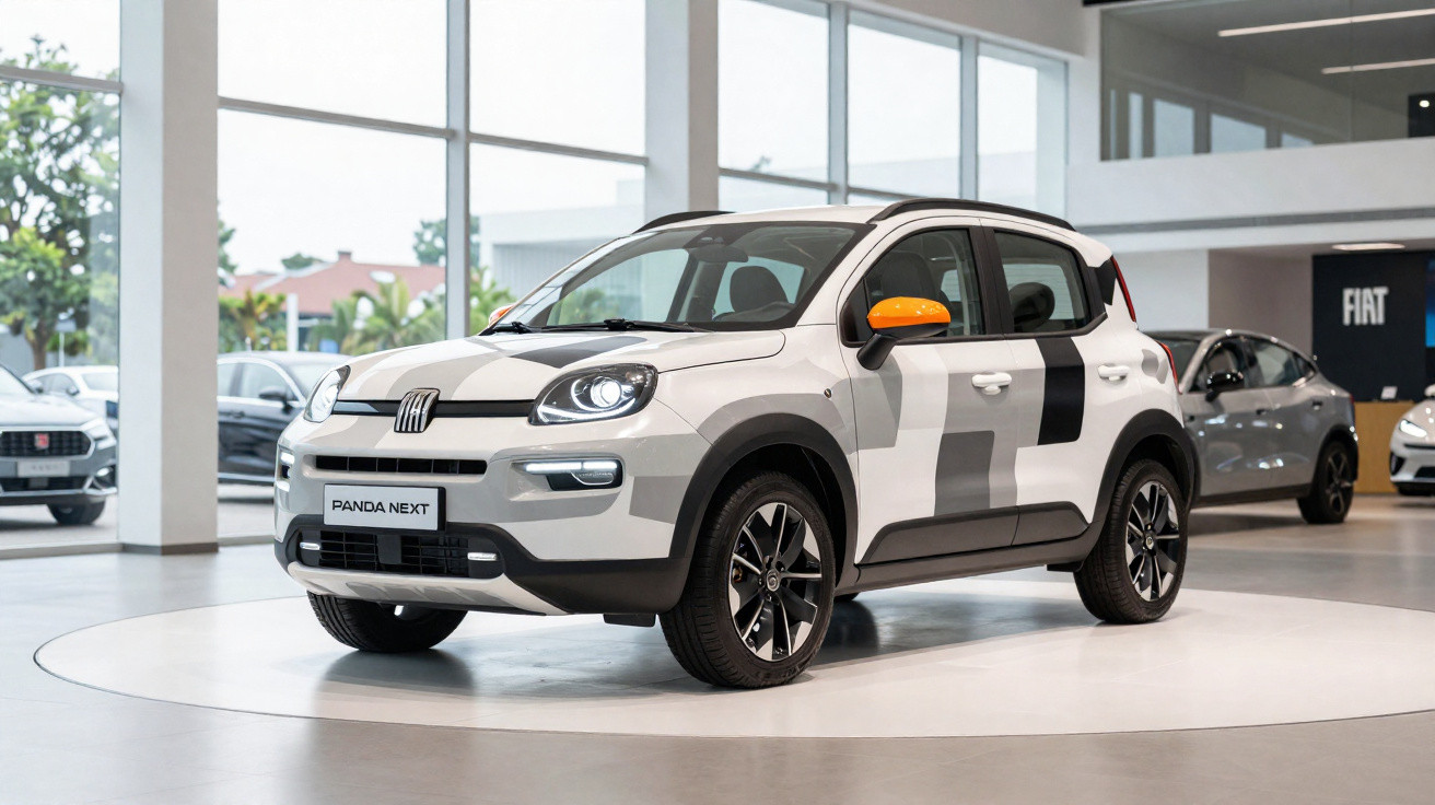 Carro branco Fiat Panda Next exposto em showroom com detalhes em preto e espelhos laranja.