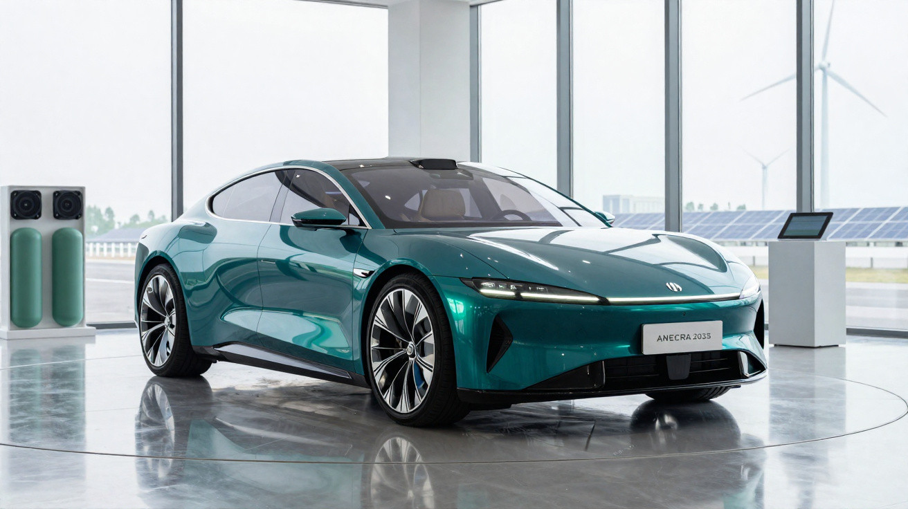Carro elétrico verde futurista em sala com janelas grandes, painéis solares e turbinas ao fundo.