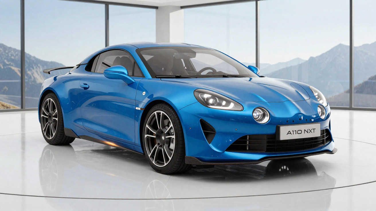 Carro esportivo azul Alpine A110 NXT estacionado em ambiente moderno com janelas grandes e vista para montanhas.