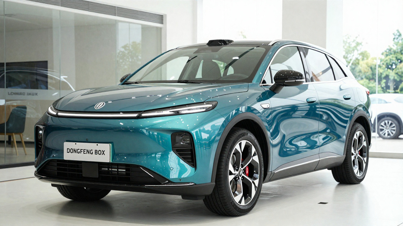 SUV elétrico azul Dongfeng Box exposto em showroom moderno e iluminado.