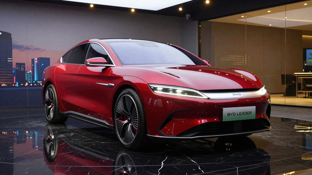 Carro elétrico vermelho BYD Leader estacionado em ambiente sofisticado com piso refletivo e iluminação interna.