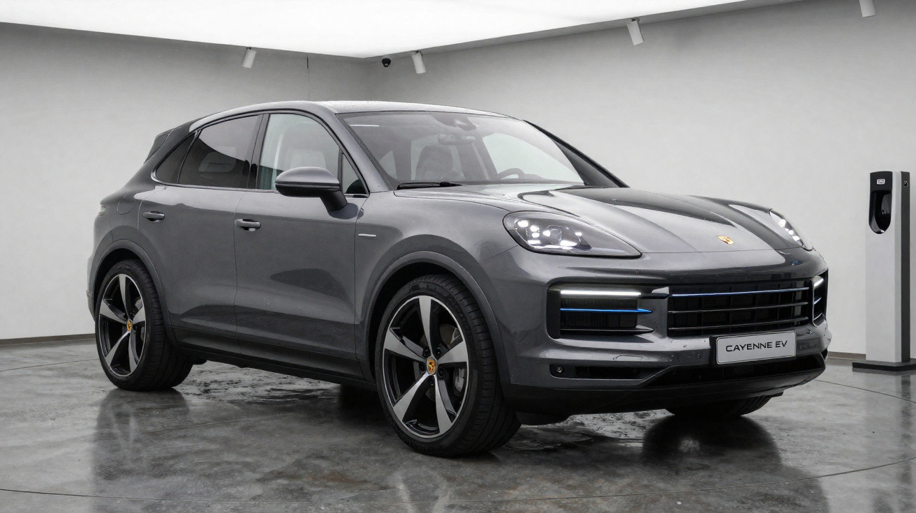 SUV Porsche Cayenne EV cinza estacionado em piso de concreto dentro de garagem moderna, com carregador elétrico ao fundo.