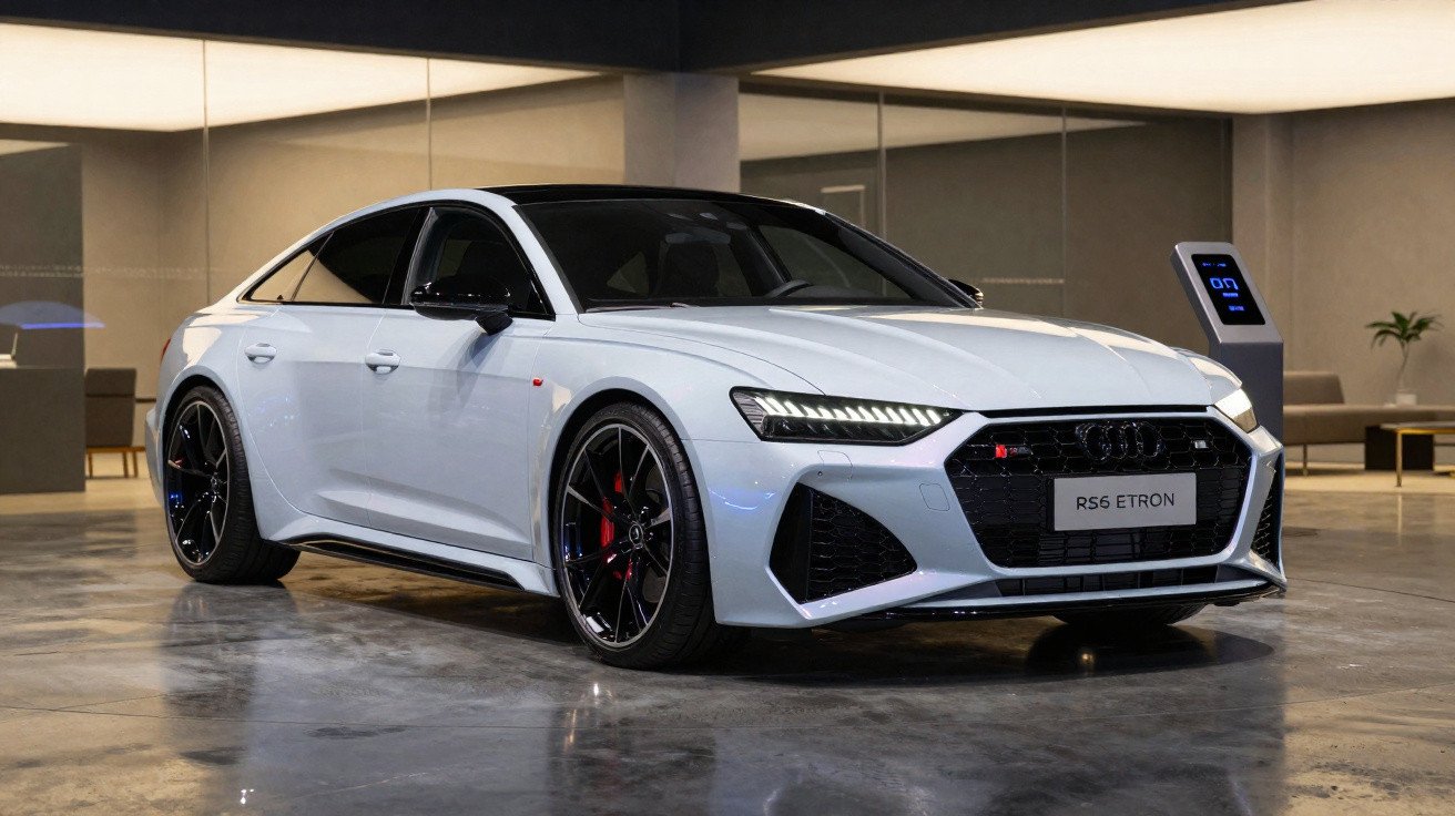 Carro Audi RS5 Etron branco em ambiente interno com piso brilhante e luzes modernas.