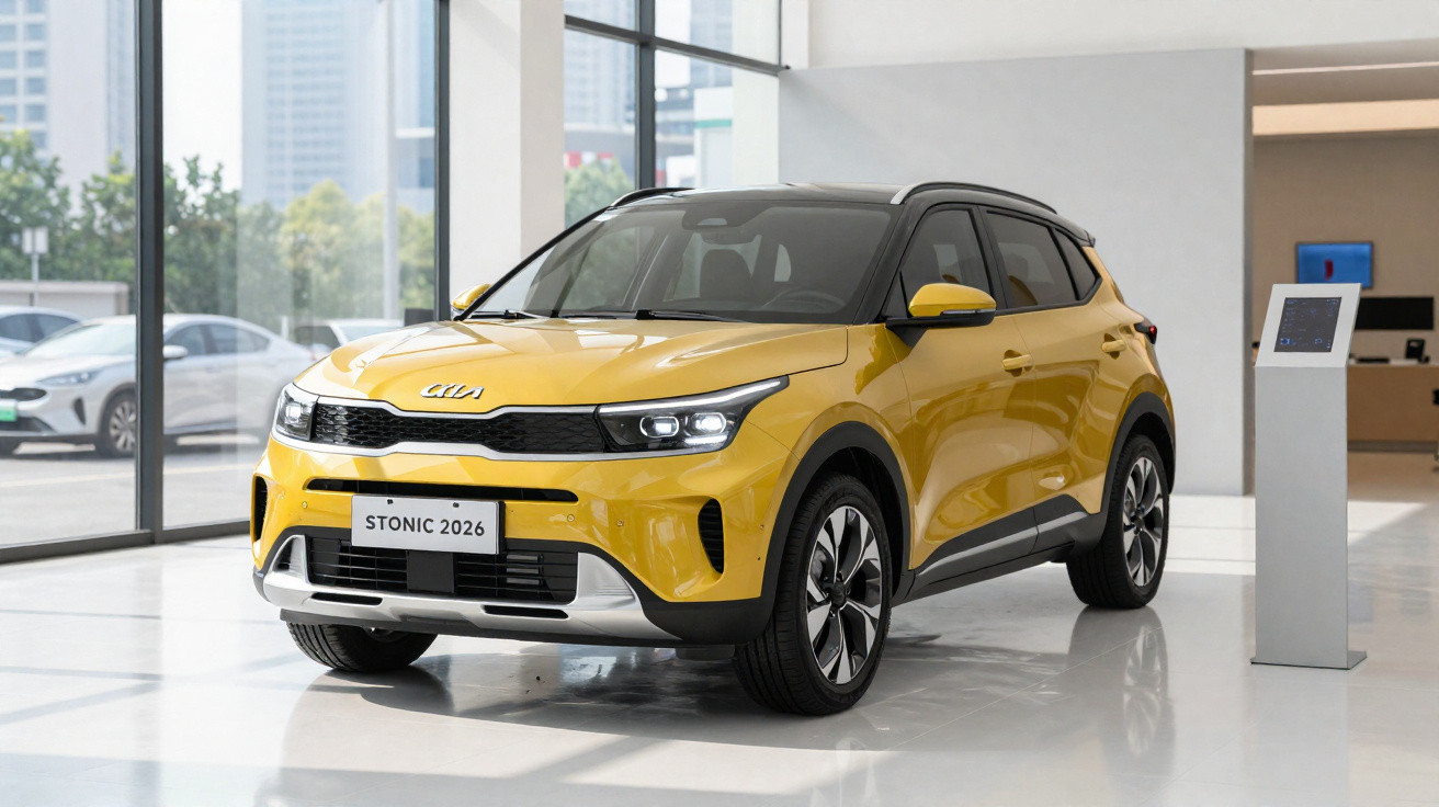 Carro SUV Kia Stonic 2026 amarelo em exposição dentro de showroom moderno.