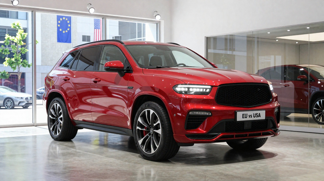 SUV vermelho brilhante estacionado em showroom moderno com grande vitrine e iluminação natural.