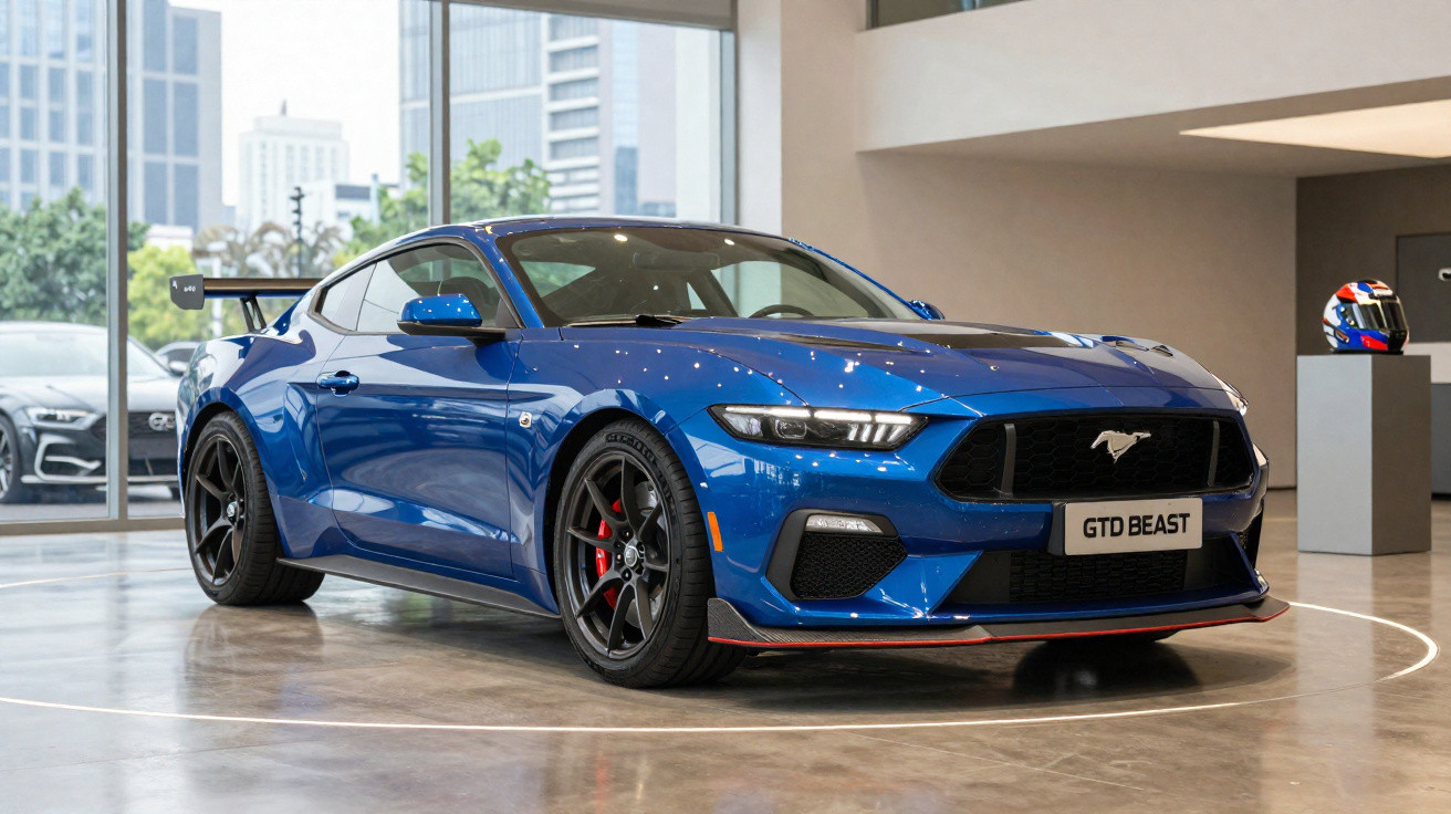 Carro esportivo azul Ford Mustang GTD Beast exposto em showroom moderno com piso de concreto.