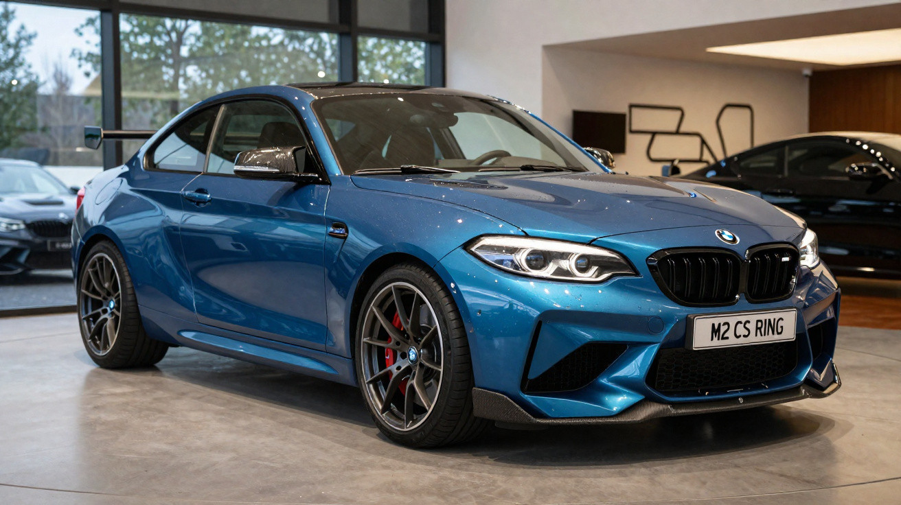 Carro esportivo BMW azul modelo M2 CS estacionado em ambiente interno com piso de concreto.
