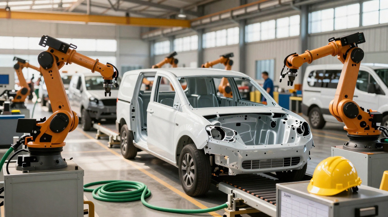 Carro branco inacabado em linha de montagem com braços robóticos laranja em fábrica automotiva.