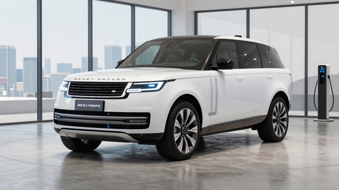 SUV branco elétrico estacionado em ambiente interno moderno com tomada de recarga ao fundo.