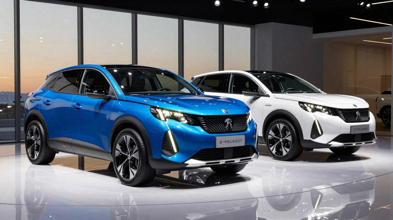 Dois carros SUV Peugeot elétricos, um azul e um branco, exibidos em ambiente interno moderno.