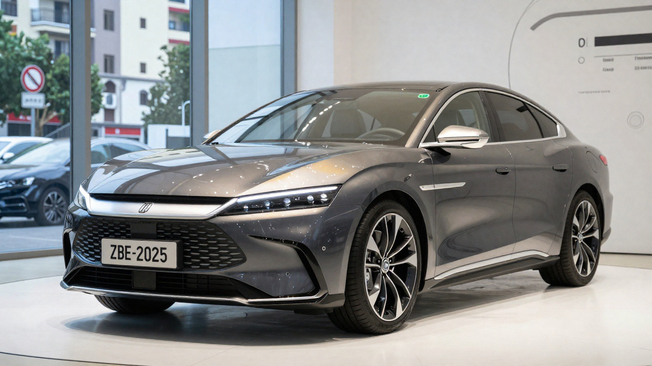 Carro elétrico cinza moderno exposto em ambiente interno com vidro ao fundo e placa ZBE-2025.