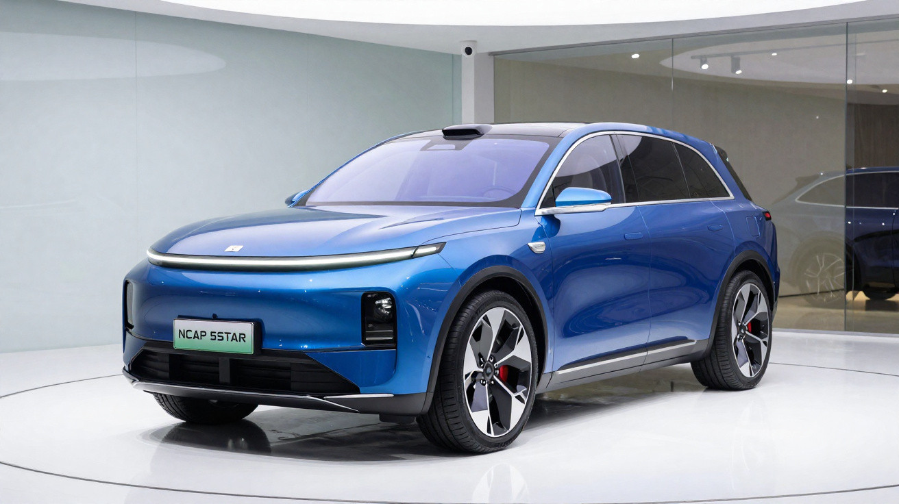 Carro SUV elétrico azul exposto em showroom com design moderno e placa NCAP 5STAR na dianteira.
