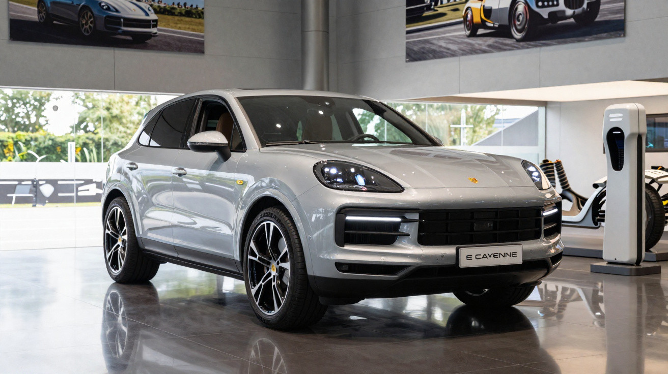 Carro SUV Porsche Cayenne prata elétrico exposto em showroom moderno com piso refletivo.