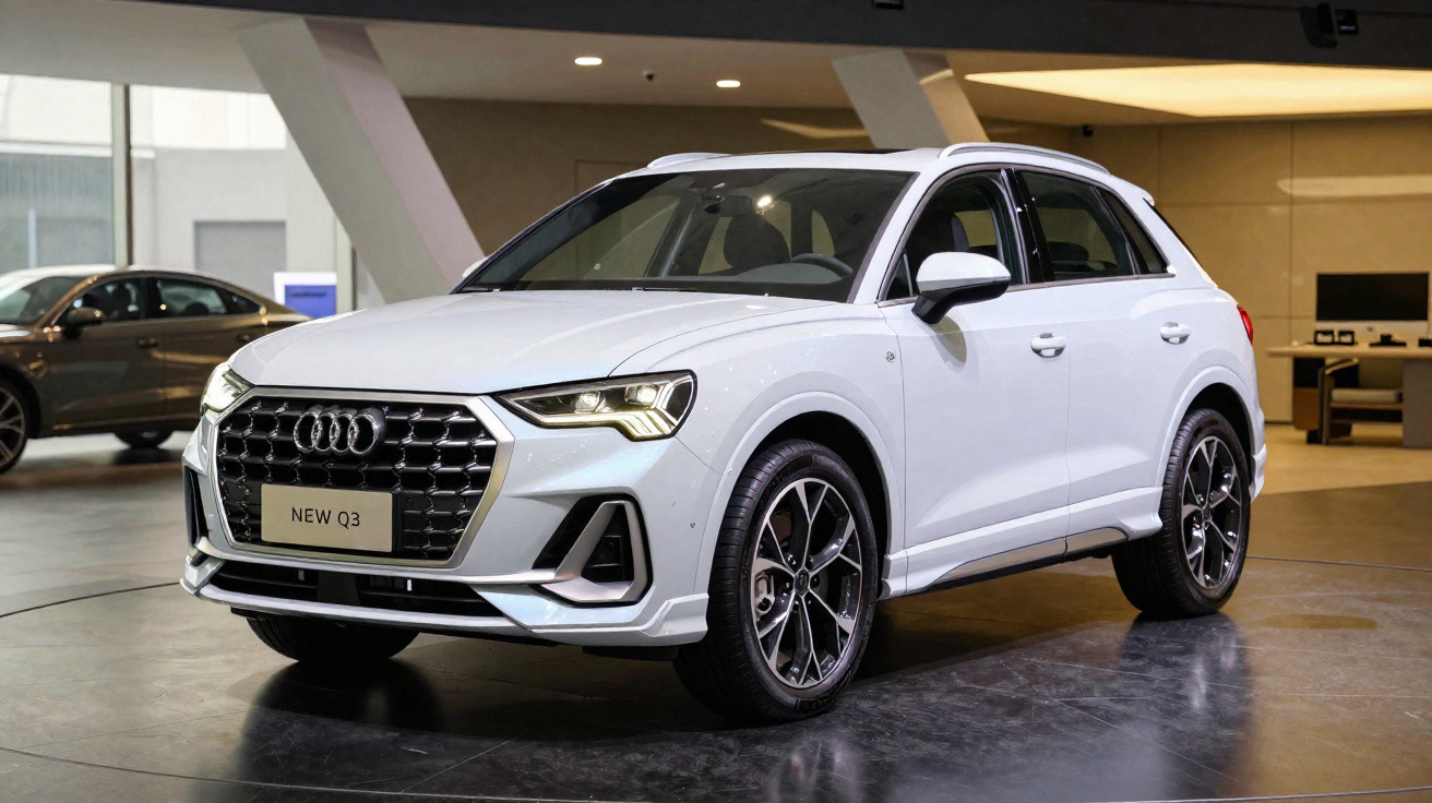 Audi Q3 branco em exposição em ambiente interno, vista frontal 3/4 para direita.