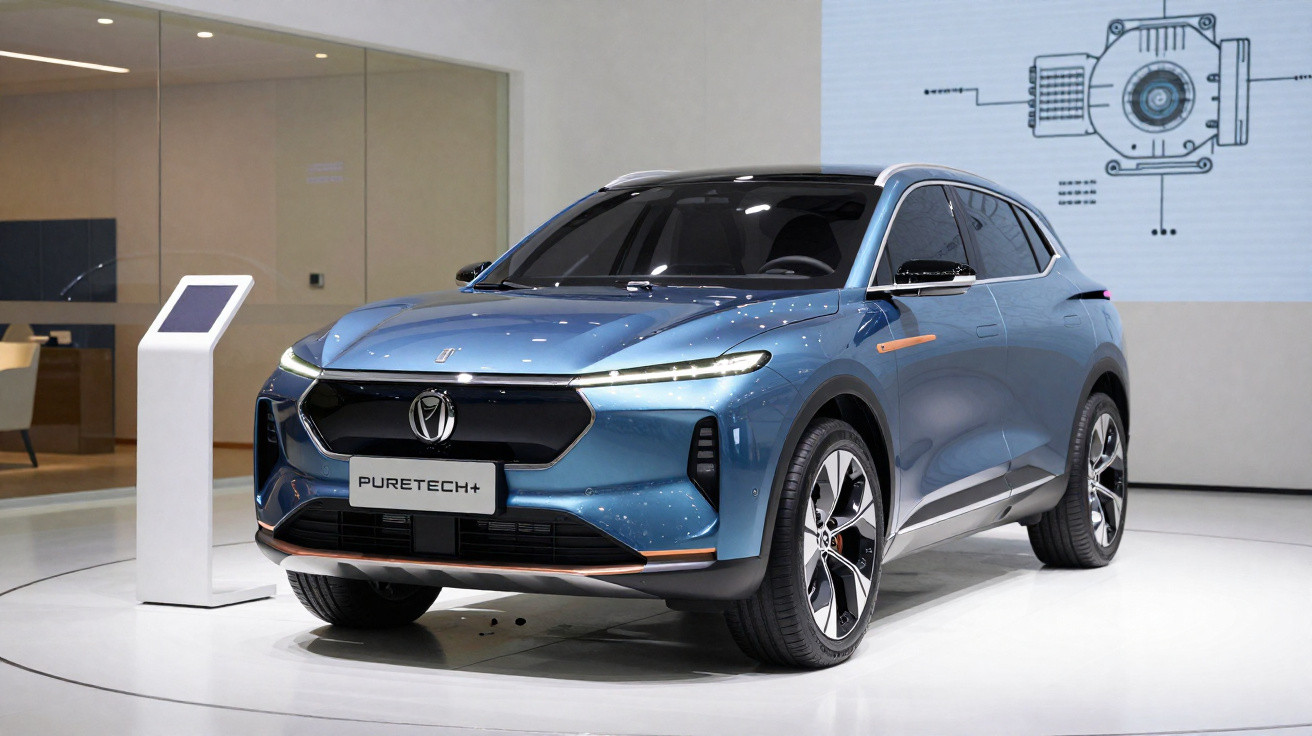 SUV elétrico azul exibido em estande moderno com tela técnica ao fundo.