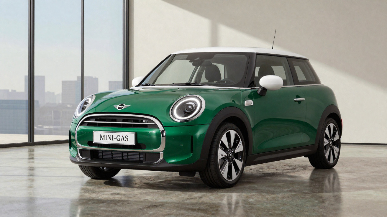 Carro Mini Cooper verde com teto branco estacionado em ambiente interno iluminado.
