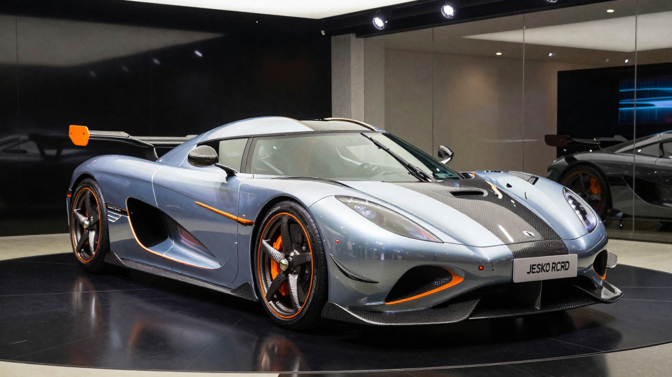 Carro esportivo Koenigsegg Jesko R sendo exibido em showroom com detalhes em laranja e cinza metálico.