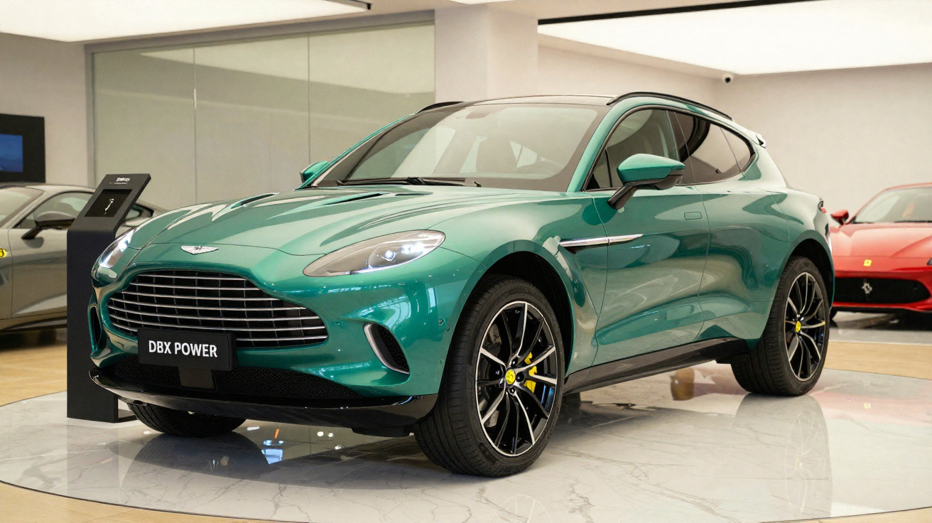 Carro esportivo verde Aston Martin DBX Power exibido em showroom moderno.