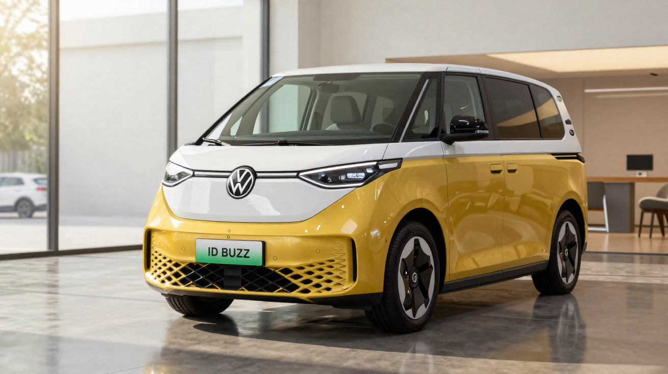 Carro elétrico Volkswagen ID Buzz amarelo e branco estacionado em ambiente interno moderno.