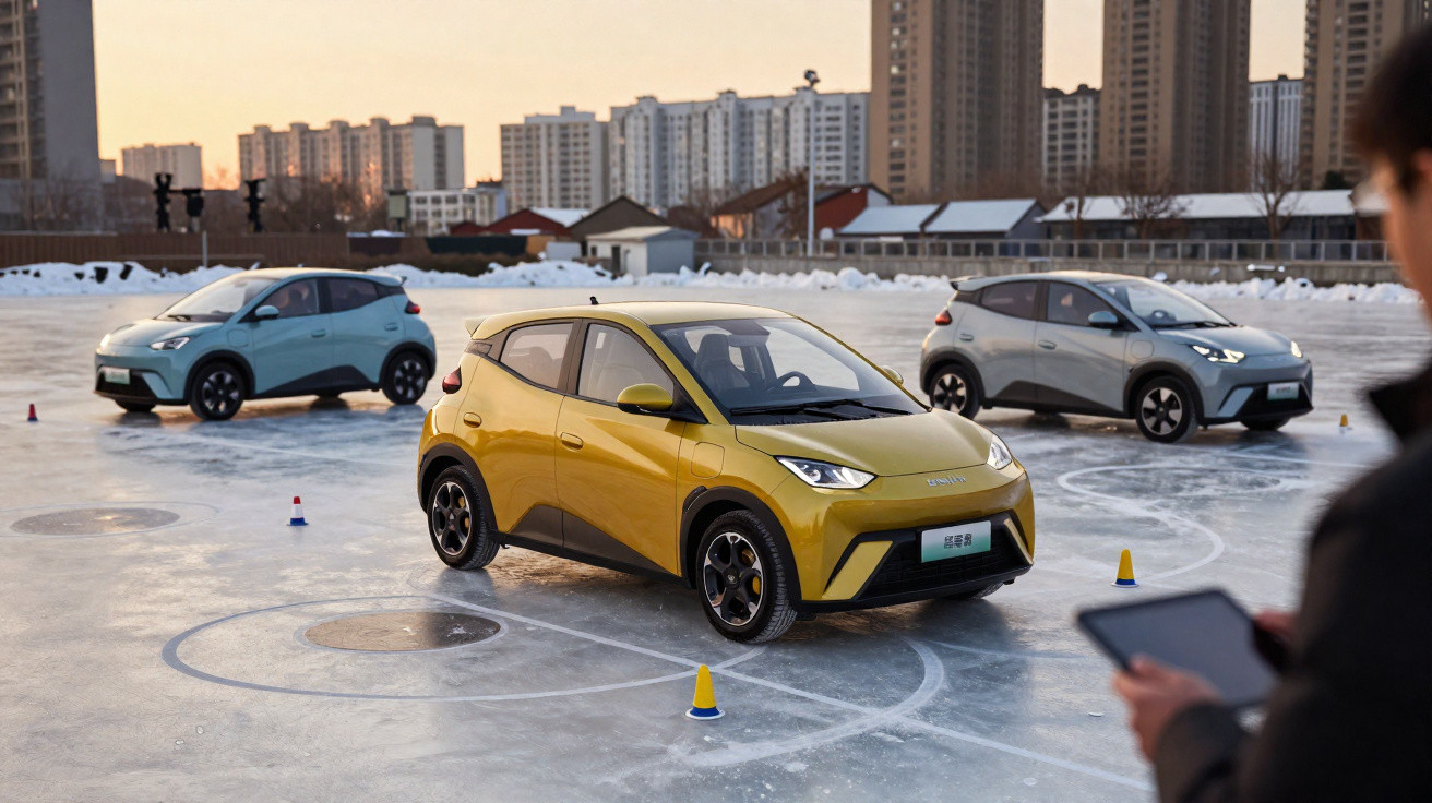 Três carros elétricos compactos estacionados em pista de gelo com prédios ao fundo ao entardecer.