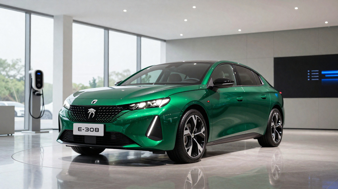 Carro elétrico verde Peugeot E-308 em showroom moderno com estação de recarga ao fundo.