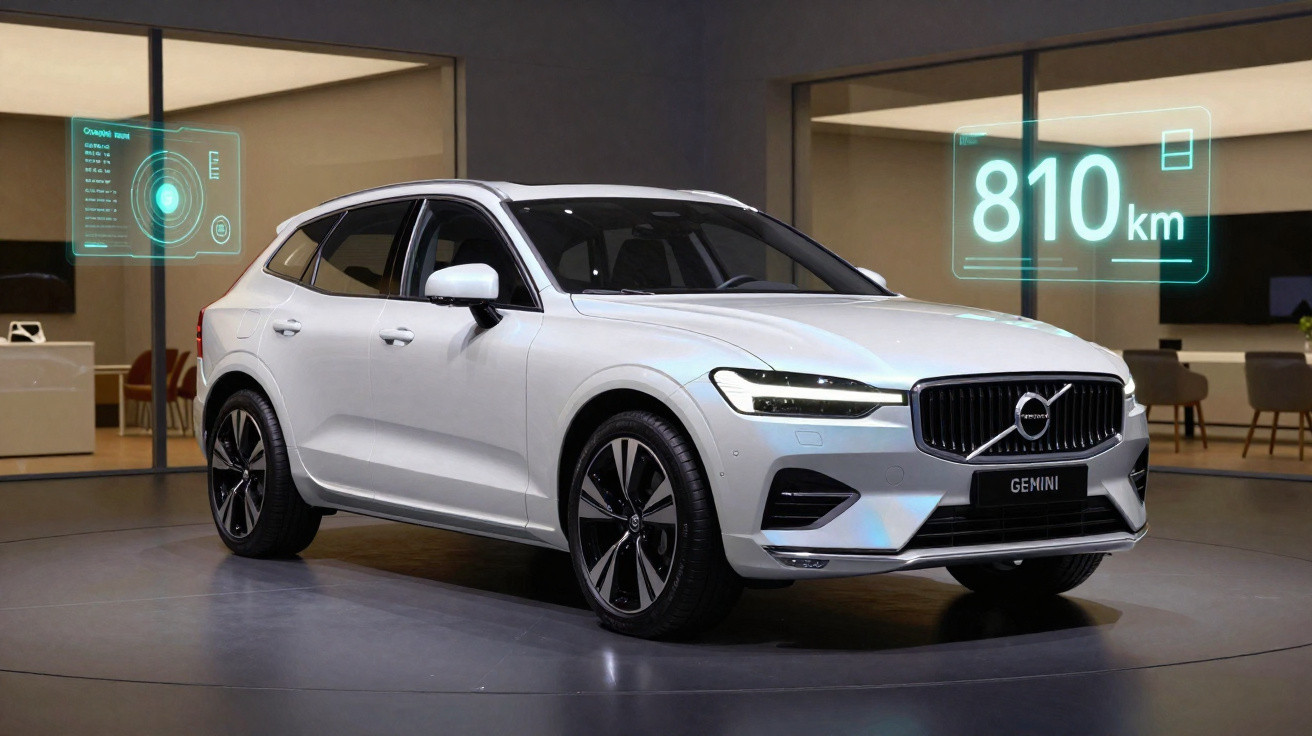 Carro elétrico branco Volvo Gemini estacionado em estande com autonomia digital de 810 km exibida.