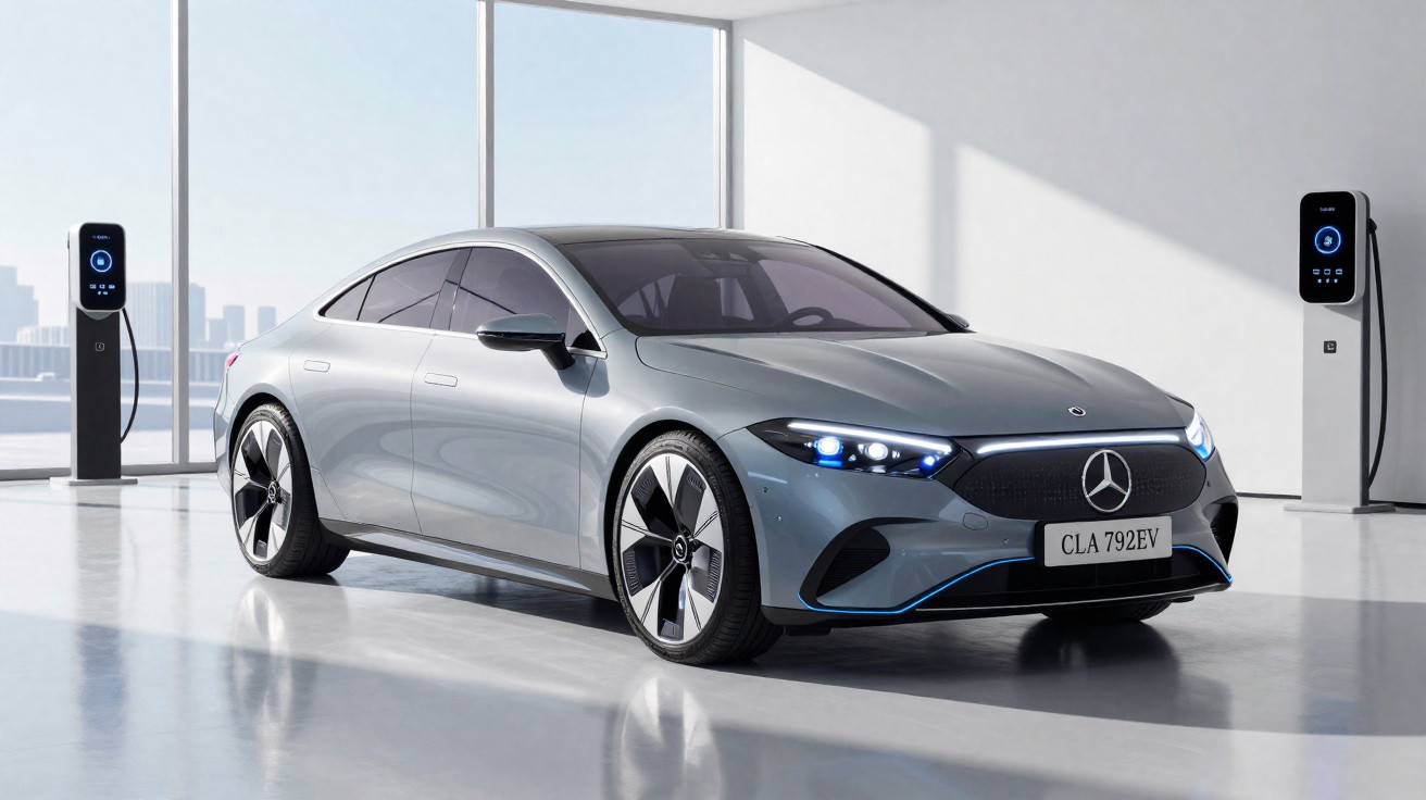 Carro elétrico prata Mercedes-Benz estacionado em ambiente interno futurista com pontos de carregamento.