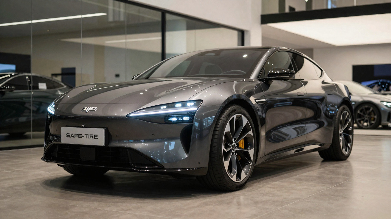 Carro esportivo elétrico cinza estacionado em showroom moderno com iluminação refletida na lataria.