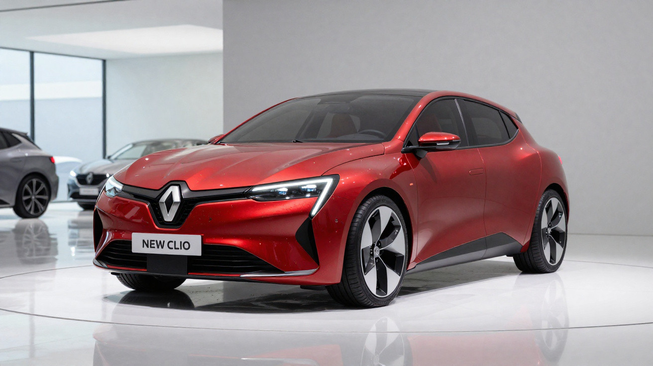 Carro Renault New Clio vermelho com design moderno em ambiente interno branco e minimalista.