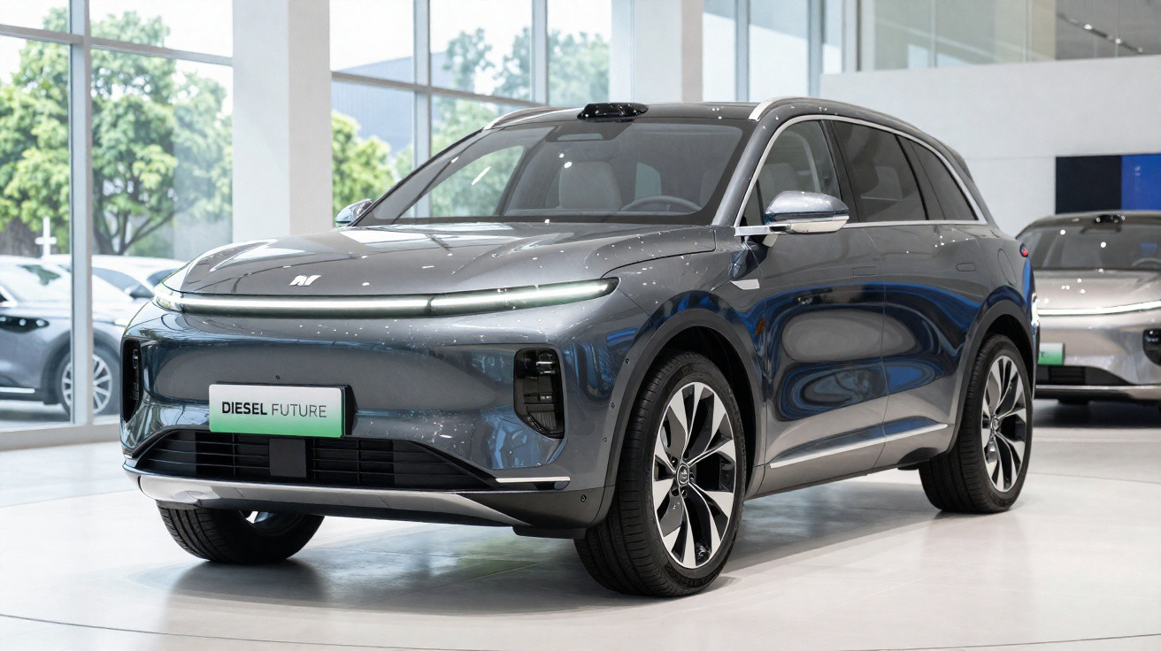 SUV elétrico cinza futurista estacionado em showroom moderno com luz natural.
