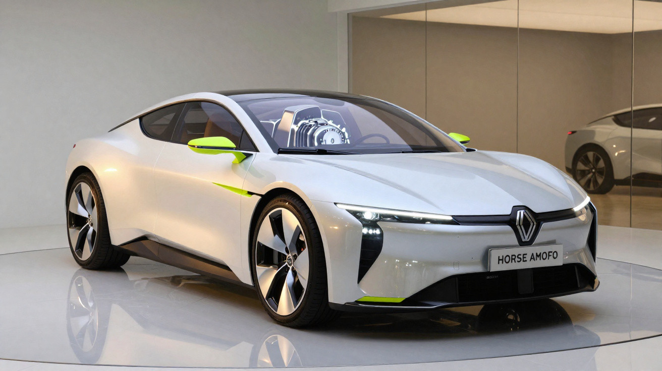 Carro esportivo branco futurista com detalhes em verde, exibido em ambiente interno com parede espelhada.