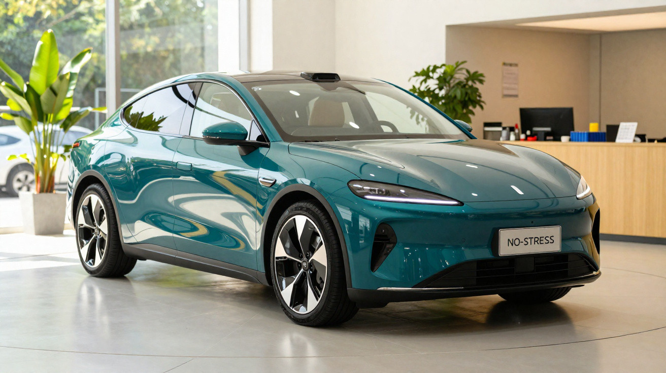 Carro elétrico verde exibido em showroom moderno com grande janela e planta ao fundo.