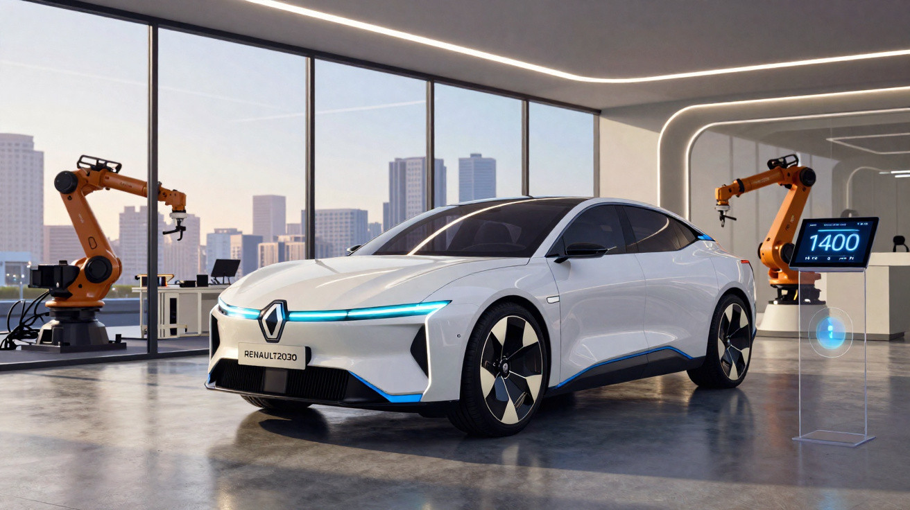 Carro conceitual elétrico branco Renault 2030 em ambiente industrial moderno com braços robóticos.