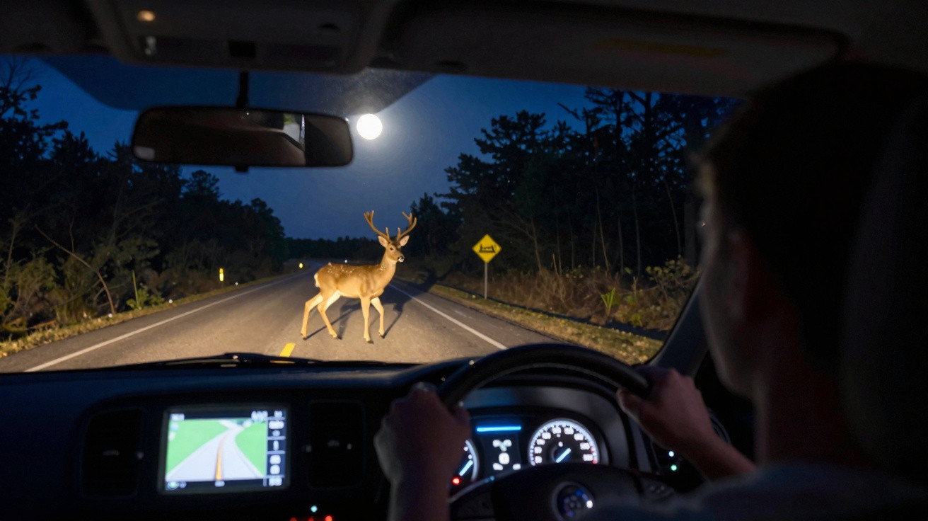 Motorista observa veado cruzando estrada à noite com lua cheia no céu e sinal de trânsito ao fundo.