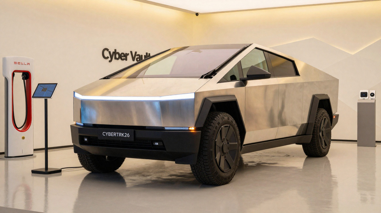 Carro elétrico Tesla Cybertruck prata estacionado ao lado de um carregador em ambiente interno.