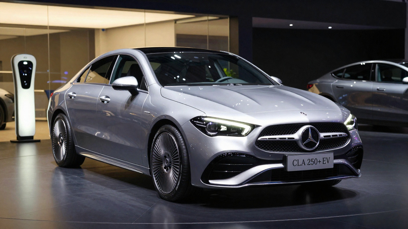 Carro elétrico Mercedes-Benz CLA 250+ EV prateado em exposição com carregador ao fundo.