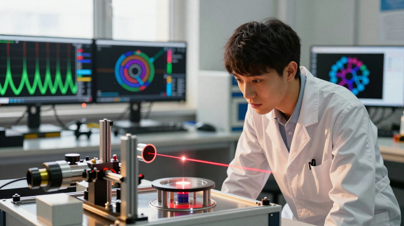 Cientista observa experimento com laser vermelho em equipamento tecnológico dentro de laboratório moderno.
