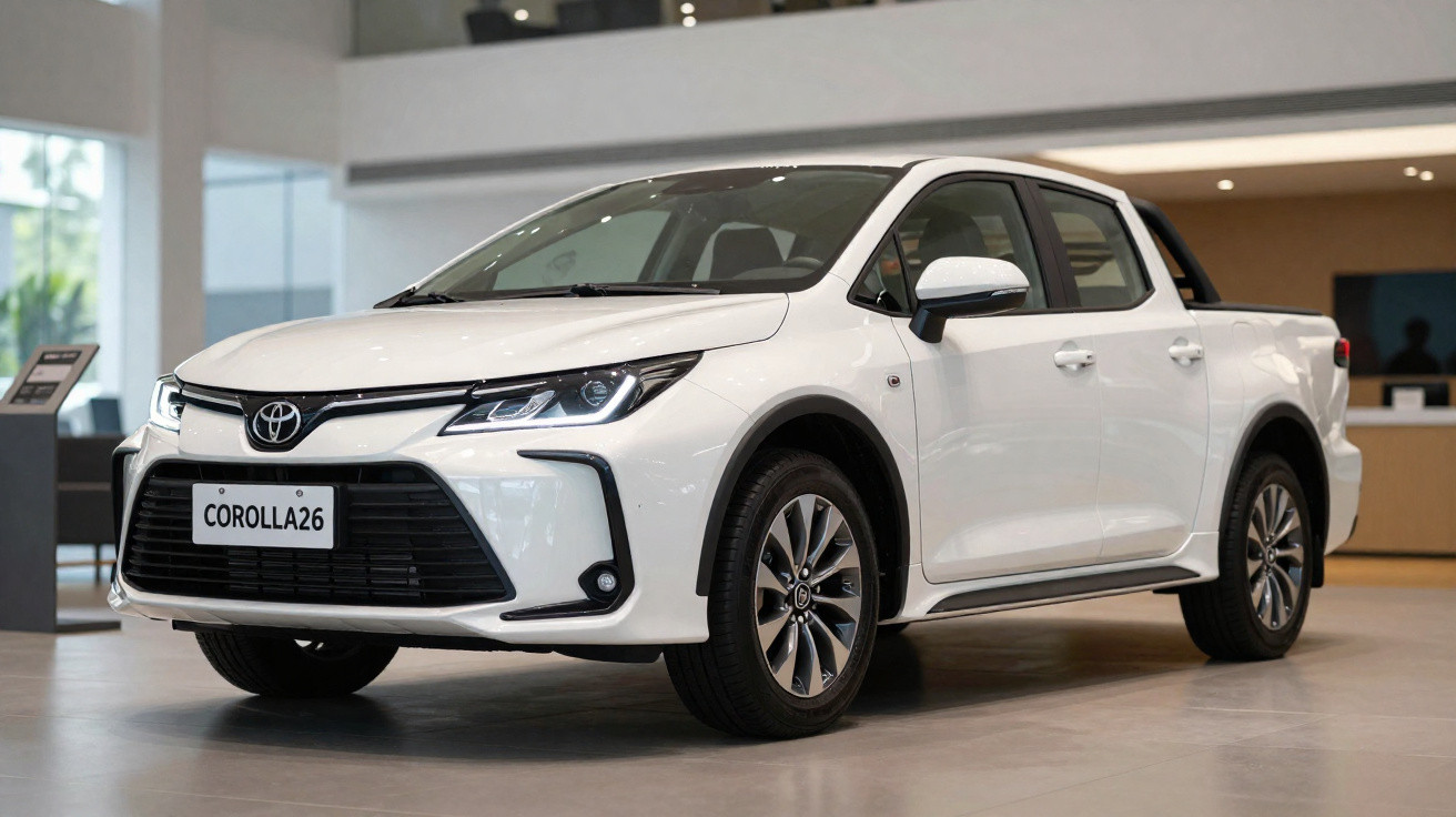 Picape branca Toyota Corolla 2026 exibida em showroom moderno.