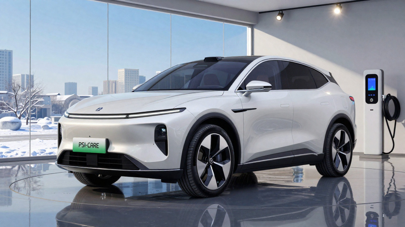 Carro elétrico branco estacionado em showroom moderno com estação de carregamento ao lado.