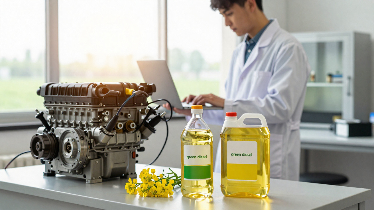 Motor, frascos de biodiesel, flores amarelas e cientista em laboratório usando laptop.
