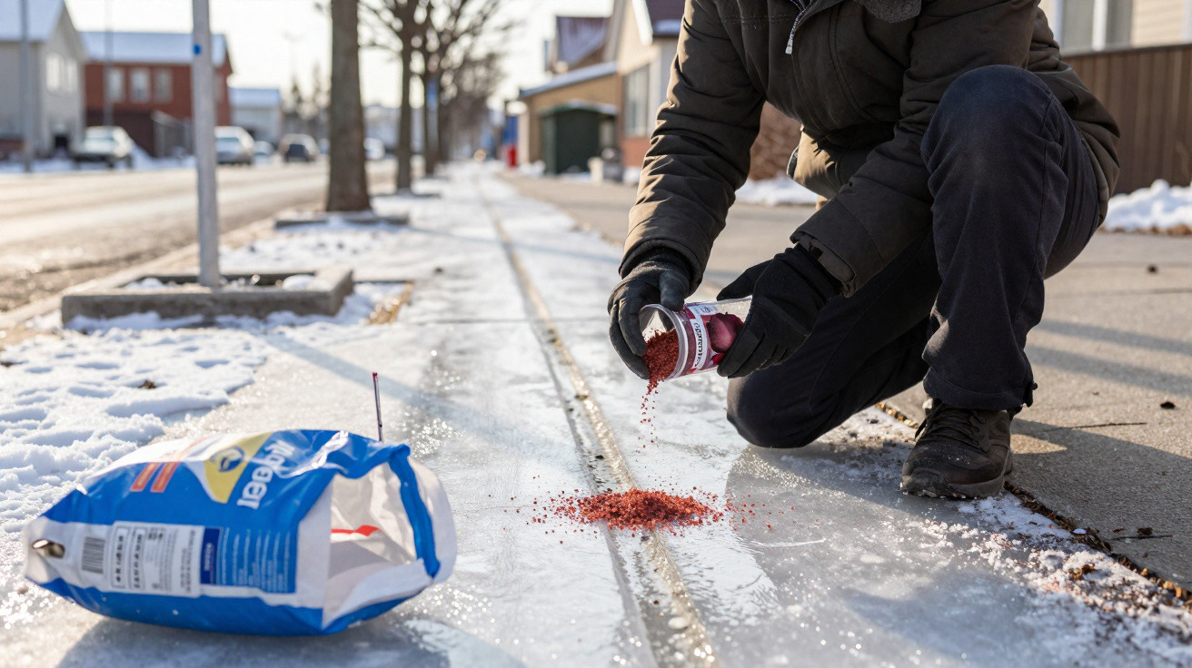 Pessoa aplicando sal grosso vermelho no gelo de uma calçada para derreter a neve em área urbana.